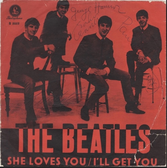 Beatles "She Loves You" 45 Record Sleeve Signed by All Four