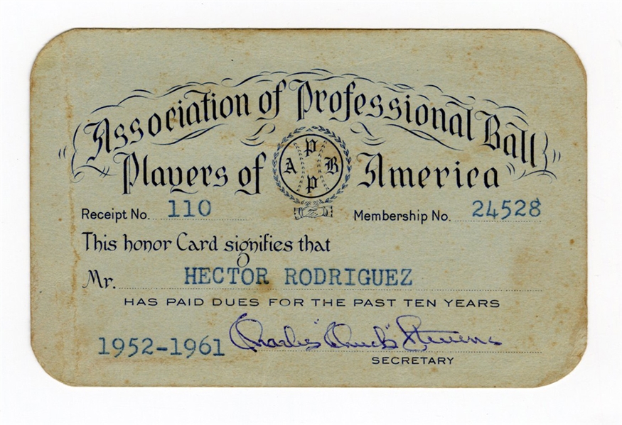 Hector Rodriguez Association of Professional Ball Players Dues Cards 1952-61