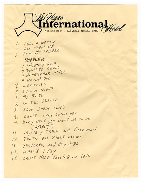 Elvis Presley 1969 International Hotel Las Vegas Handwritten Set List