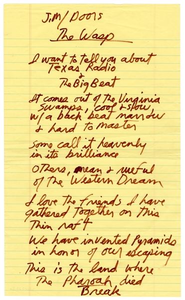 Jim Morrison Handwritten Lyrics for “The WASP (Texas Radio and the Big Beat)”