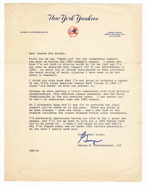 George M. Steinbrenner Signed New York Yankees Letter JSA LOA