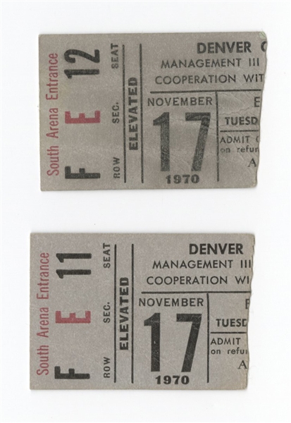 Elvis Presley Original Denver Show November 1970 Ticket Stubs