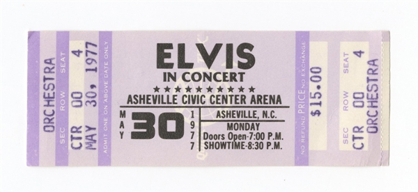 Elvis Concert Ashenville Civic Center, N.C. on May 30th 1977 Original Ticket
