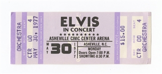 Elvis Concert Ashenville Civic Center, N.C. on May 30th 1977 Original Ticket