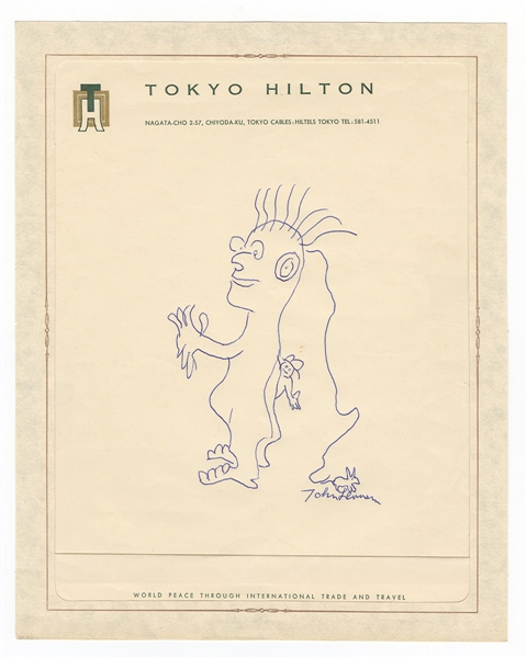 John Lennon Signed Hand Drawing on Tokyo Hilton Letterhead