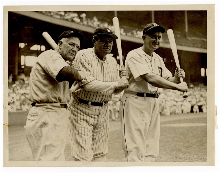 Babe Ruth, Ty Cobb and Tris Speaker Original Wire Stamped Photograph