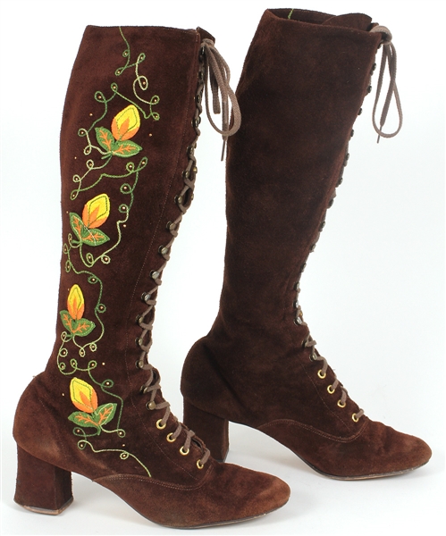 The Runaways Lita Ford Owned, Worn and Signed Circa 1971 Vintage Embroidered Brown Suede Lace-Up Boots