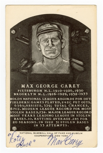 Max Carey Signed Hall of Fame Plaque Postcard
