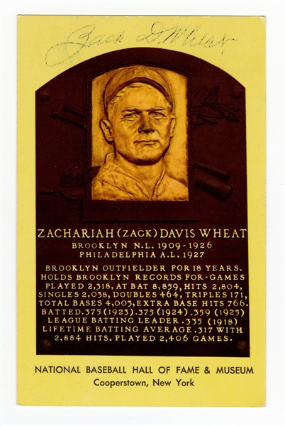 Zack Wheat Signed Hall of Fame Plaque Postcard