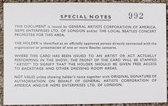 Beatles Original US Tour/August 1966 Official ID Card