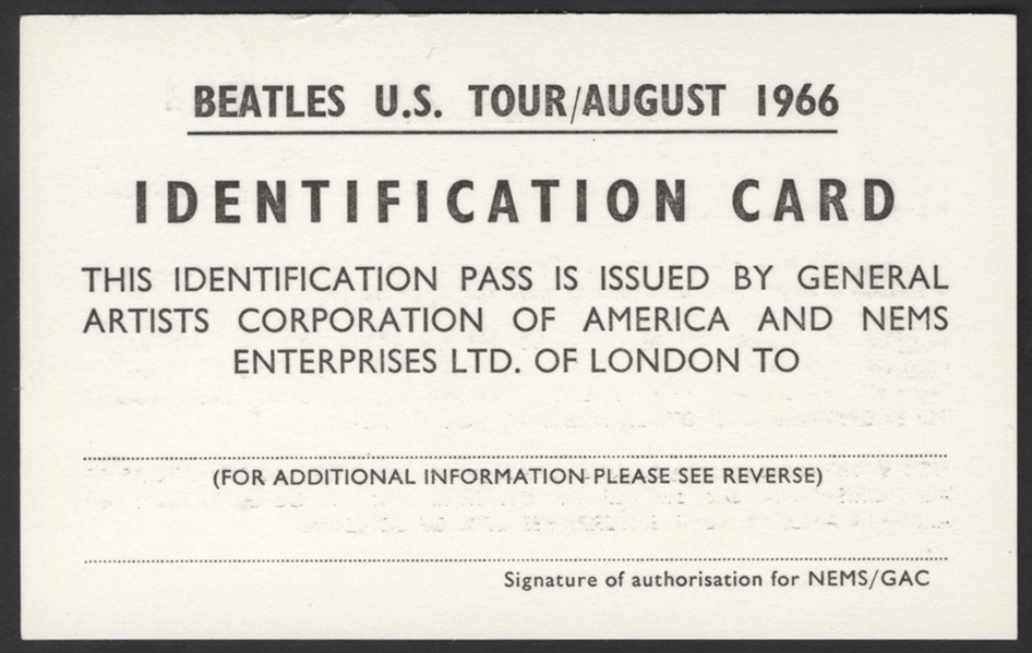 Beatles Original US Tour/August 1966 Official ID Card