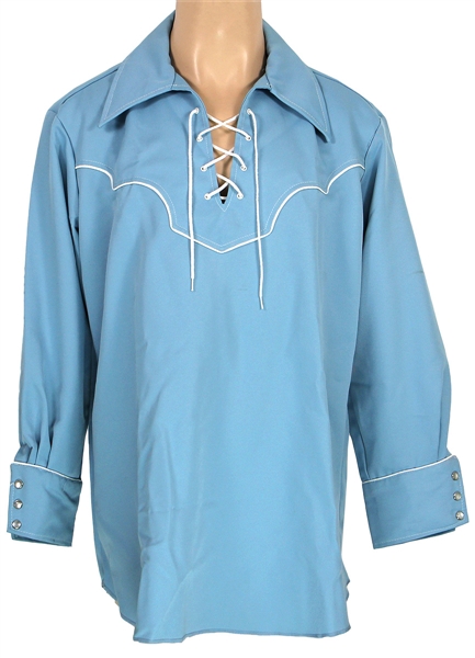 Elvis Presley Owned and Worn Light Blue Long-Sleeved Pullover Top with White Piping and Laces