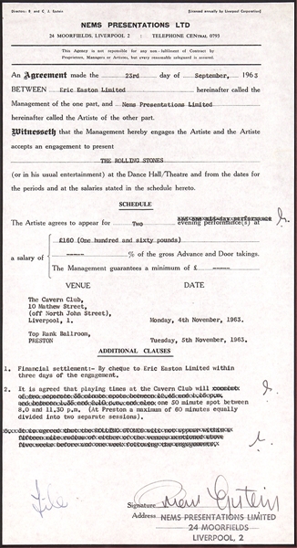 Brian Epstein Signed 1963 Rolling Stones Cavern Club Contract Caiazzo Authenticated