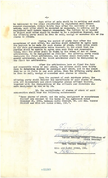 Elvis Presley’s November 21, 1955 Twice Signed and Initialed Four Times First Publishing Agreement and Rider with Hill and Range Songs and RCA Records for One Dollar 