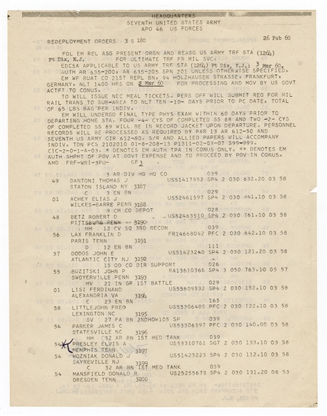 Elvis Presley U.S. Army Redeployment Document