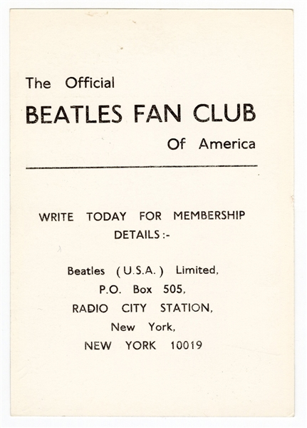 Beatles Original Fan Club of America Card with Facsimile Signatures