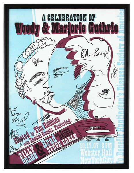 Original Celebration of Woody Guthrie Benefit Concert Poster Signed by Billy Bragg, Stone Gossard, Tim Robbins and More