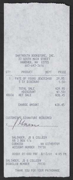 J.D. Salinger Signed Original Book Store Receipt
