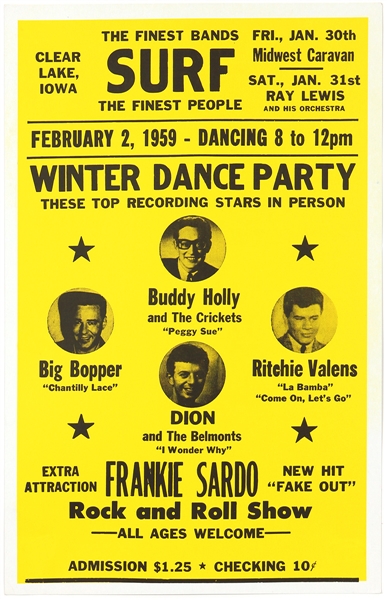 Winter Dance Party 1959 Reproduction Cardboard Concert Poster featuring Buddy Holly, Big Bopper, Ritchie Valens and Dion