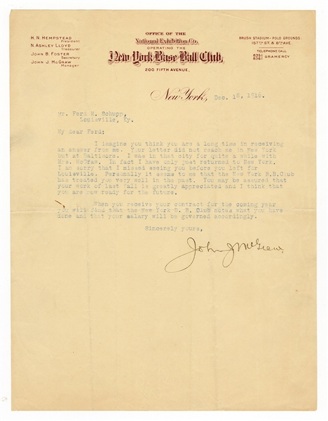 Baseball Hall of Famer, John McGraw 1916 Letter