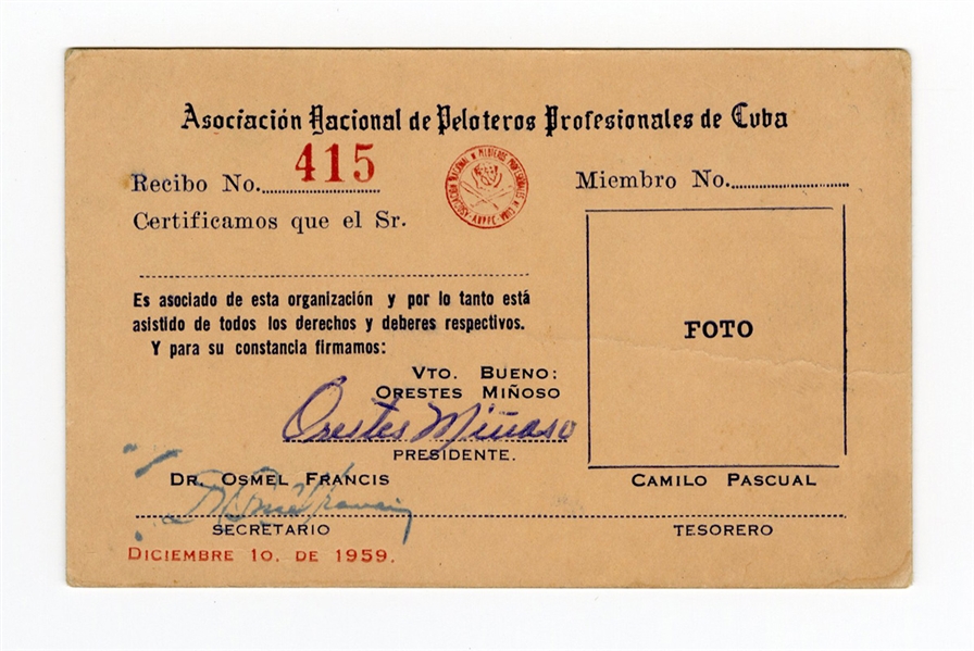 Minnie Miñoso Signed Cuban Federation Baseball Membership Card
