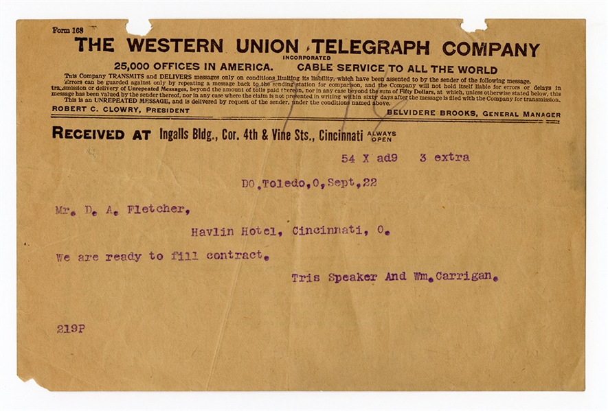 Western Union Telegram Regarding a Contract From Tris Speaker