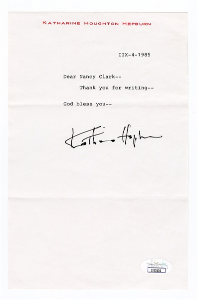 Katharine Hepburn Signed Personal Letter JSA