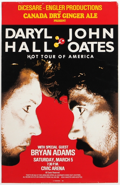 Hall and Oates Original "Hot Tour Of America with Bryan Adams" Concert Poster