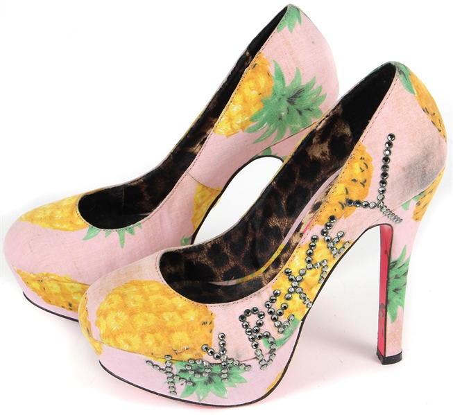 Nicki Minaj Owned and Worn Betsey Johnson Pink and Yellow Pineapple Rhinestone Shoes
