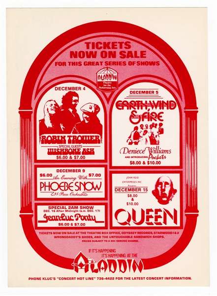 Queen Original 1977 Aladdin Concert Flyer