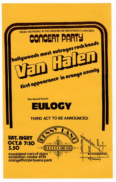 Van Halen Early Original 1977 Eulogy Orange County Concert Flyer