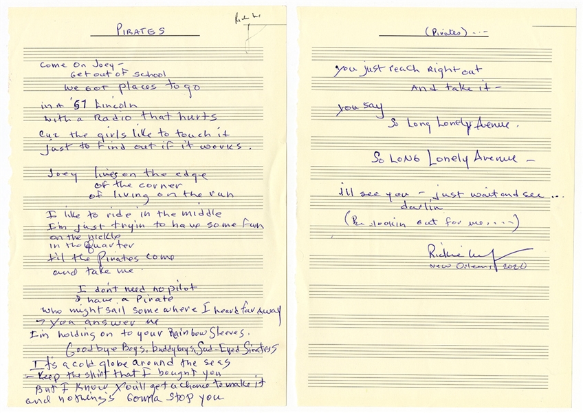 Rickie Lee Jones Handwritten and Signed "Pirates" Lyrics
