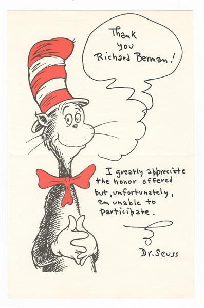 Dr. Seuss Signed Cat in the Hat Note Page JSA