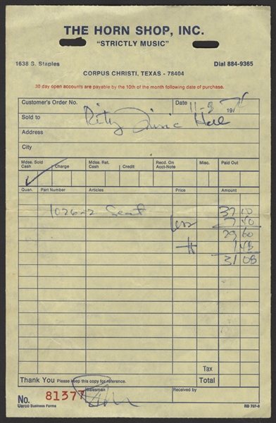 Bruce Springsteens Personal 1974 Horn Shop, Texas Music Store Receipt