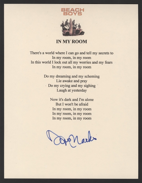 Beach Boys David Marks Signed "In My Room" Lyrics