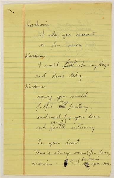 Jack Bruce Handwritten "Kashmir" Lyrics