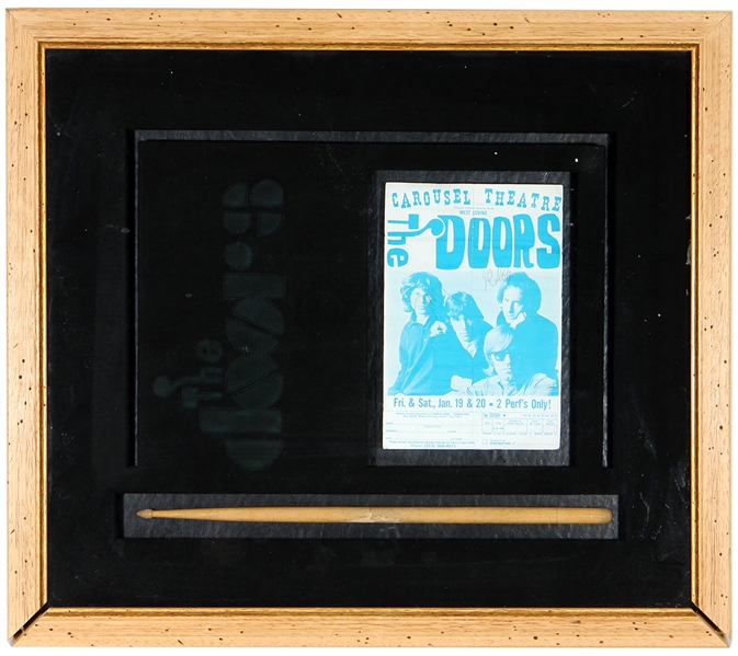 The Doors Jim Morrison and Robbie Krieger Signed Concert Flyer with Stage Used John Densmore Drumstick PSA