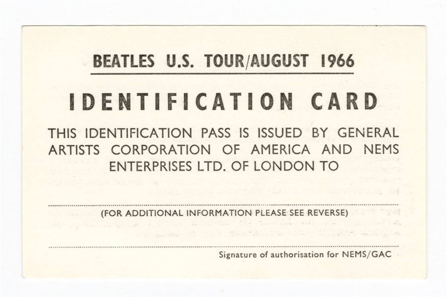 The Beatles 1966 U.S. Tour Identification Card