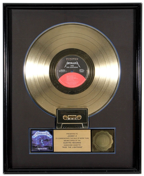 Metallica "Ride The Lightning" Original RIAA Gold Album Award Presented to and Signed by Johnny Z