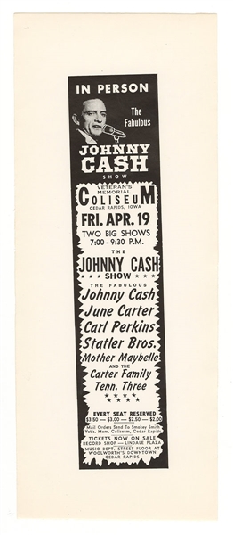 Johnny Cash Original 1968 Concert Flyer Handbill with June Carter and Carl Perkins