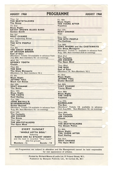 Jeff Beck, Jethro Tull, Joe Cocker and More Original 1968 Marquee Club Concert Flyer Handbill