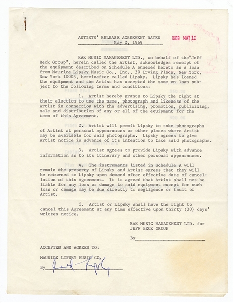 Jeff Beck 1969 Artists Release Agreement