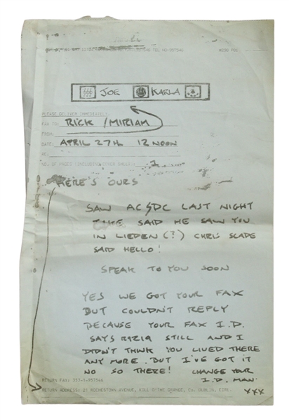 Def Leppard Joe Elliot Handwritten and Signed Fax to Rick Allen