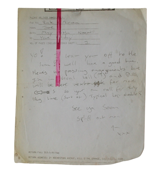 Def Leppard Fax by Joe Elliot to Rick Allen