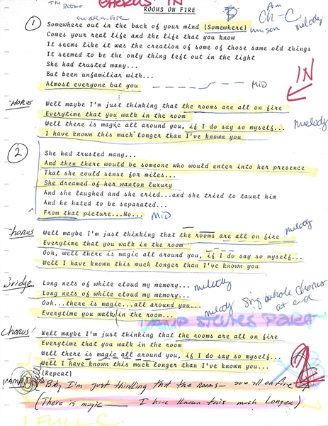 Stevie Nicks Hand Annotated "Rooms on Fire" Lyrics