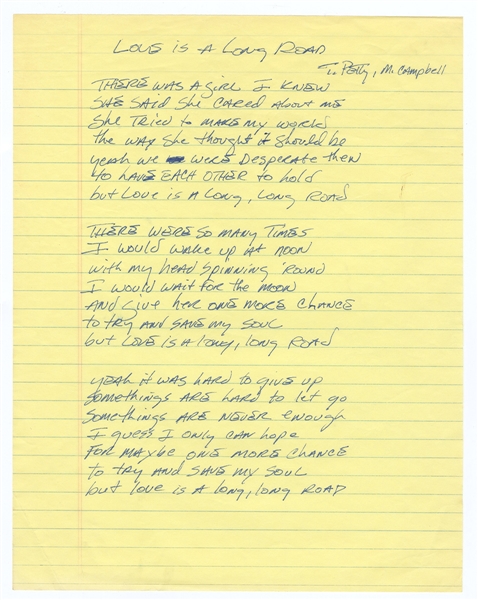 Tom Petty Handwritten "Love Is A Long Road" Lyrics