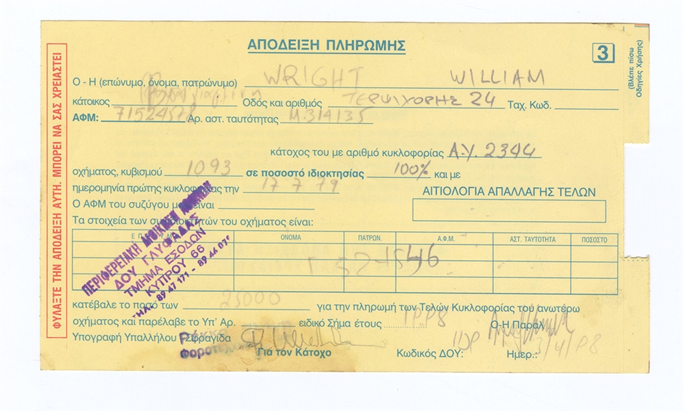 Pink Floyd Richard Wright Signed Travel Document