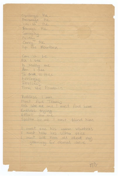 The Who Pete Townshend Handwritten "Were Not Gonna Take It" Lyrics from Tommy