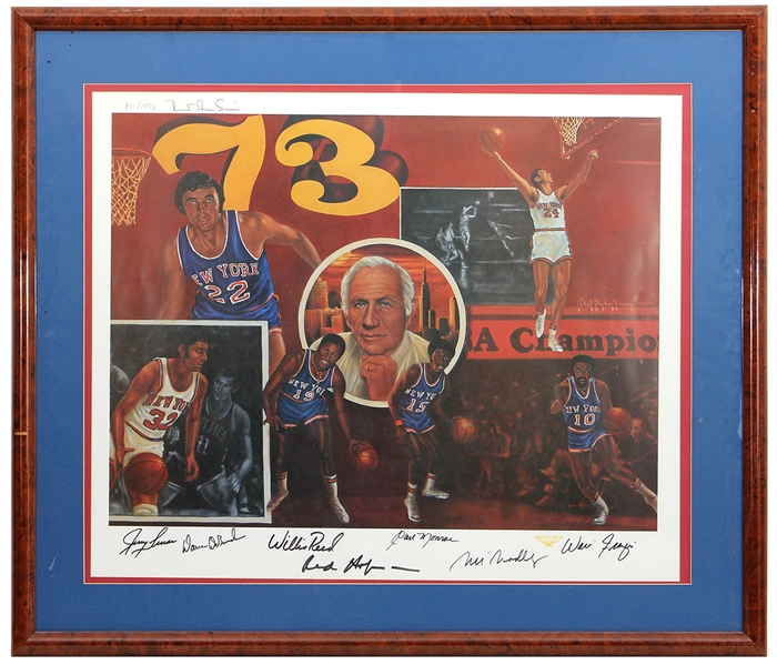 Robert Stephen Simon Signed 1973 New York Knicks Championship Lithograph with 7 Knicks Signatures