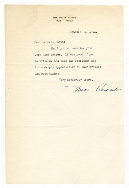 First Lady Eleanor Roosevelt Signed Letter to General Evangeline Booth (Salvation Army) JSA